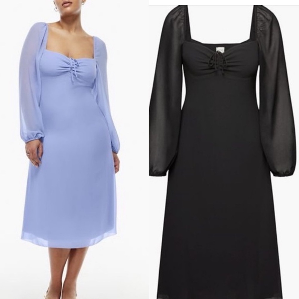Wilfred Midi Dress in Black - Square Neck, Sheer Bishop Sleeves